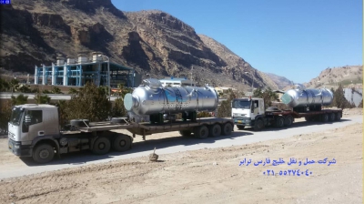 حمل مخازن تجهیزات گاز ازمبدا تهران به مقصد عسلویه توسط کمرشکن 6محور ویژه شرکت حمل و نقل خلیج فارس ترابر
