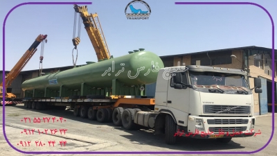 حمل محمولات سنگین سازه های فلزی مخزن  Tank metal structuresاز مبدا تهران به مقصد میناب توسط کمرشکن 11محور شرکت حمل ونقل خلیج فارس ترابر 