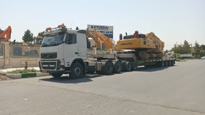 حمل محمولات سنگین بیل مکانیکی کوماتسو Komatsu Excavator از مبدا تهران به مقصد محلات توسط کمرشکن 9 محور شرکت خلیج فارس ترابر_1