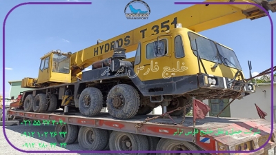 حمل محمولات سنگین جرثقیل Hydros crane T351از مبدا تهران به مقصد قزوین توسط کمرشکن 7محور ماک شرکت حمل ونقل خلیج فارس ترابر